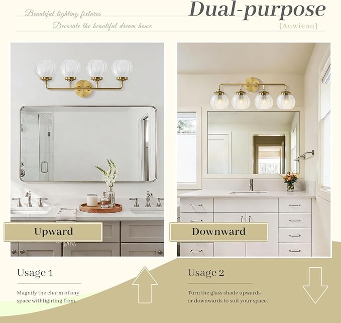 4 Light Gold Vanity Lights with Clear Glass Shades, Vintage Bathroom Vanity Lighting Over Mirror, Modern Wall Sconce Bathroom Wall Light Fixture Wall lamp for Living Room Bedroom