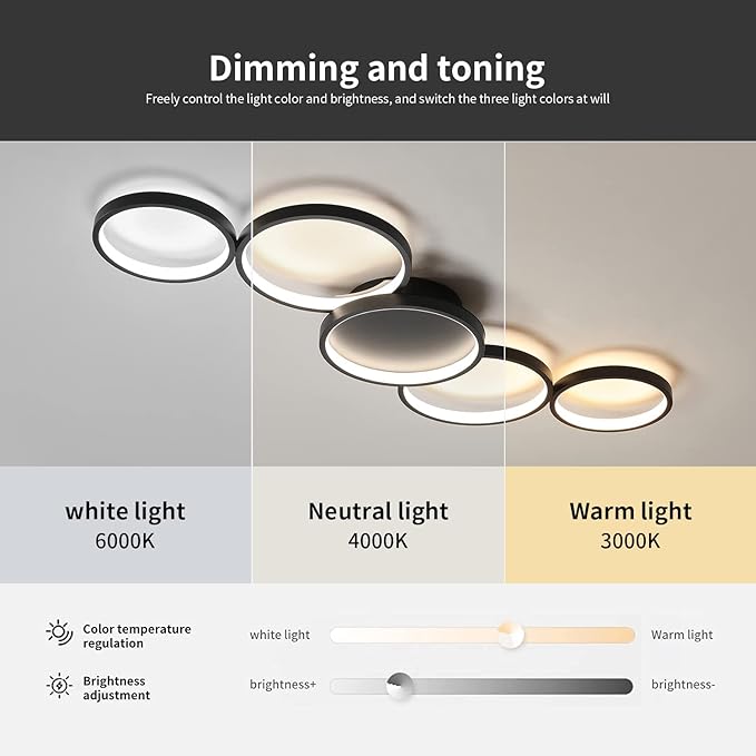 Modern LED Flush Mount Ceiling Light - 55w dimmable Ceiling Light Fixture, 5rings Ceiling lamp for Living Room,Bedroom,Dining Room,Office (Black)
