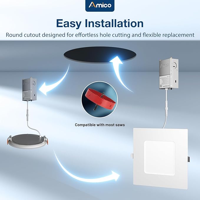 Amico 12 Pack 6 Inch Ultra-Thin LED Square Recessed Light with Junction Box, 5CCT 2700K/3000K/3500K/4000K/5000K Selectable, 1050LM Brightness, Dimmable Canless Wafer Downlight, 12W, ETL&FCC