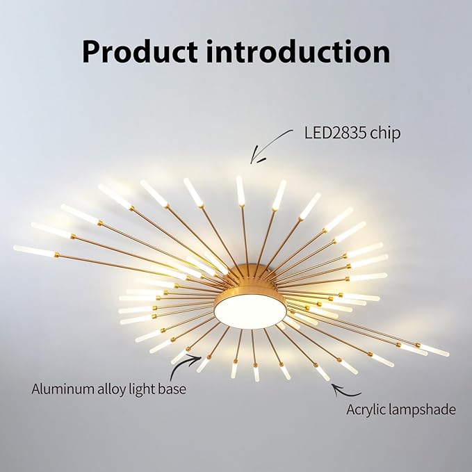 JAYMP 50.4" Ceiling Light Modern Flower Shape Ceiling Lamp for Living Room Dining Room Flush Mount Metal Acrylic Sputnik Firework Petal LED Lighting Fixture (Matte Gold, 42+1 Lights)