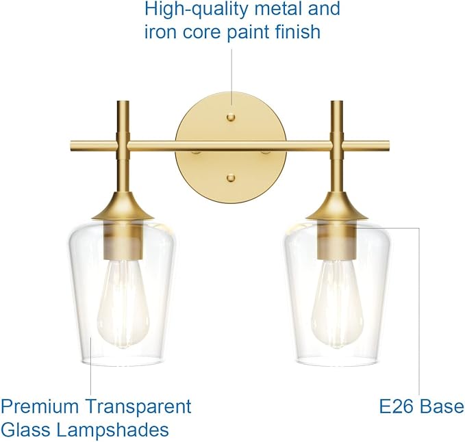 Ralbay Gold Bathroom Light Fixtures 2-Lights with Clear Glass Modern Wall Mount Lighting Industrial Farmhouse Gold Bathroom Vanity Lights Wall Sconce