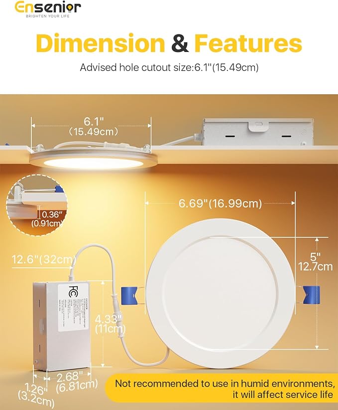 Ensenior 6 Pack 6 Inch LED Recessed Ceiling Light with Night Light, Dimmable, 2700K-5000K 5CCT, 1050LM 12W 120V, High Brightness Canless Wafer Downlight - FCC