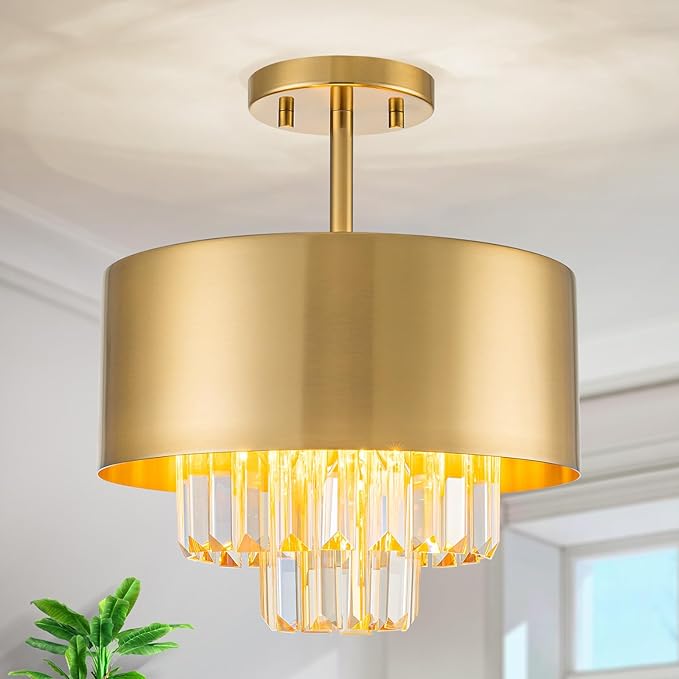 3-Light Luxury K9 Crystal Ceiling Light for Living Room, Foyer, Bedroom, Close to Ceiling Semi-Flushmount Light Fixture, Brass Finish Metal Lampshade & Champagne Crystal Pendant