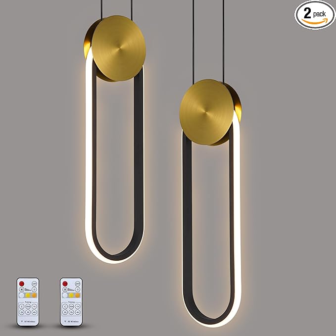 Modern Pendant Lights Fixtures Set of 2, LED Black and Gold Dimmable Pendant Light for Kitchen Island, Small Kitchen Pendant Lighting with RC, Oval Adjustable Hanging Lamp for Dining Room Bar Bathroom
