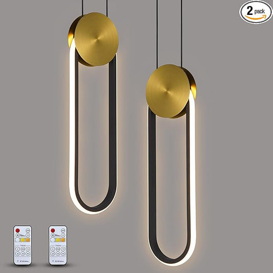 Modern Pendant Lights Fixtures Set of 2, LED Black and Gold Dimmable Pendant Light for Kitchen Island, Small Kitchen Pendant Lighting with RC, Oval Adjustable Hanging Lamp for Dining Room Bar Bathroom