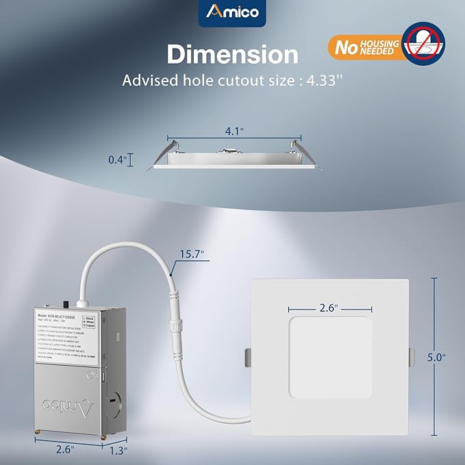 Amico 12 Pack 4 Inch Ultra-Thin LED Square Recessed Light with Junction Box, 5CCT 2700K/3000K/3500K/4000K/5000K Selectable, 700LM Brightness, Dimmable Canless Wafer Downlight, 10W, ETL&FCC