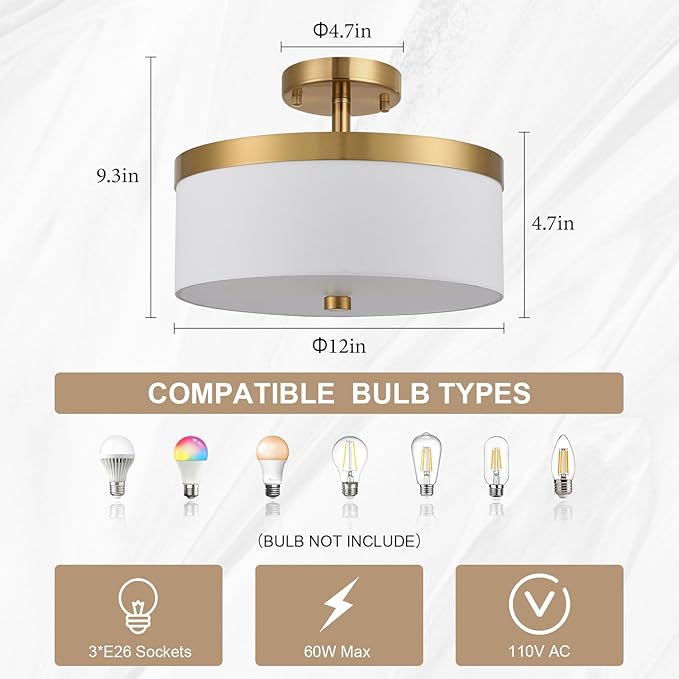 3-Light Flush Mount Ceiling Light,12”Close to Ceiling Light Fixture, Modern Gold Ceiling Light with White Fabric Shade Design for Hallway,Bedroom,Entryway or Laundry