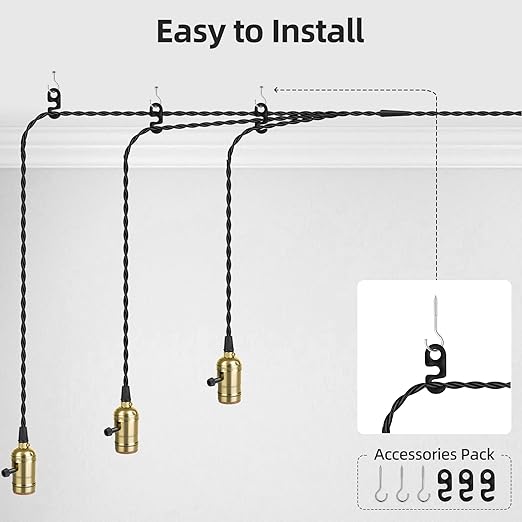 Vintage Plug-in Pendant Light Kit with 1-to-3 Hanging E26/E27 Sockets, Industrial Hanging Light with Individual Rotary Switches, Easy DIY Lighting for Living Room, Patio and Plant Corners, Gold