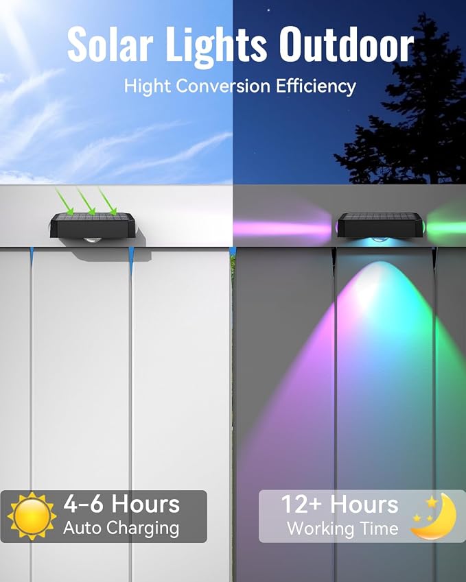 Solar Fence Lights Outdoor with 3-Way Lensed Lighting, Fence Light Solar Powered 12 Mode RGB Color Changing, Warm/Cool White, IP65 Waterproof for Deck, Wall, Patio, Backyard, Outside(12 Pack)