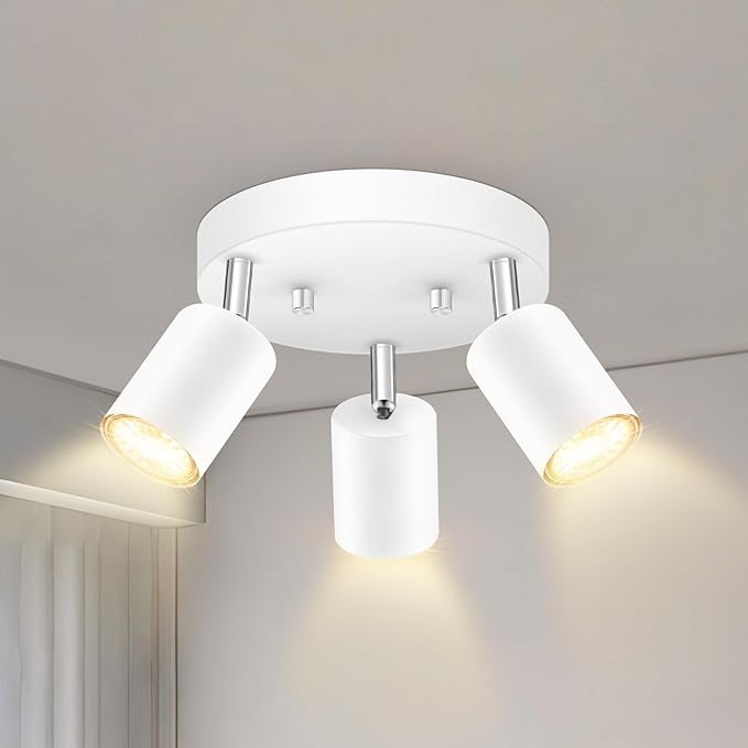 3 Light Track Lighting Fixtures Ceiling, Matte White Round Directional Ceiling Spotlight, GU10 Flush Mount Track Fixture, Adjustable Modern LED track Lights for Kitchen/Living Room, Bulb Not Included