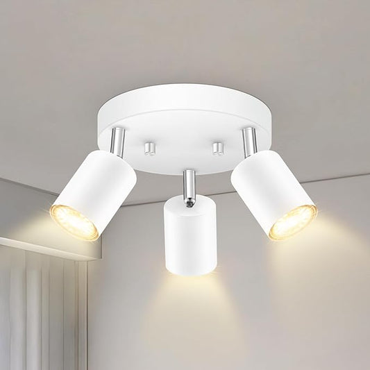 3 Light Track Lighting Fixtures Ceiling, Matte White Round Directional Ceiling Spotlight, GU10 Flush Mount Track Fixture, Adjustable Modern LED track Lights for Kitchen/Living Room, Bulb Not Included