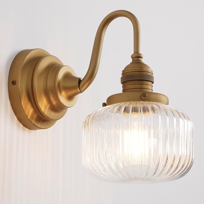 Gold Wall Sconces,Vintage Bathroom Vanity Light with Hand-Blowing Clear Glass Minimalist Hardwire Brass Wall Mounted Lamp for Bathroom Mirror Living Room Bedroom Kitchen E26 Indoor