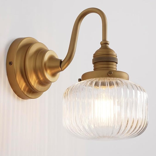 Gold Wall Sconces,Vintage Bathroom Vanity Light with Hand-Blowing Clear Glass Minimalist Hardwire Brass Wall Mounted Lamp for Bathroom Mirror Living Room Bedroom Kitchen E26 Indoor
