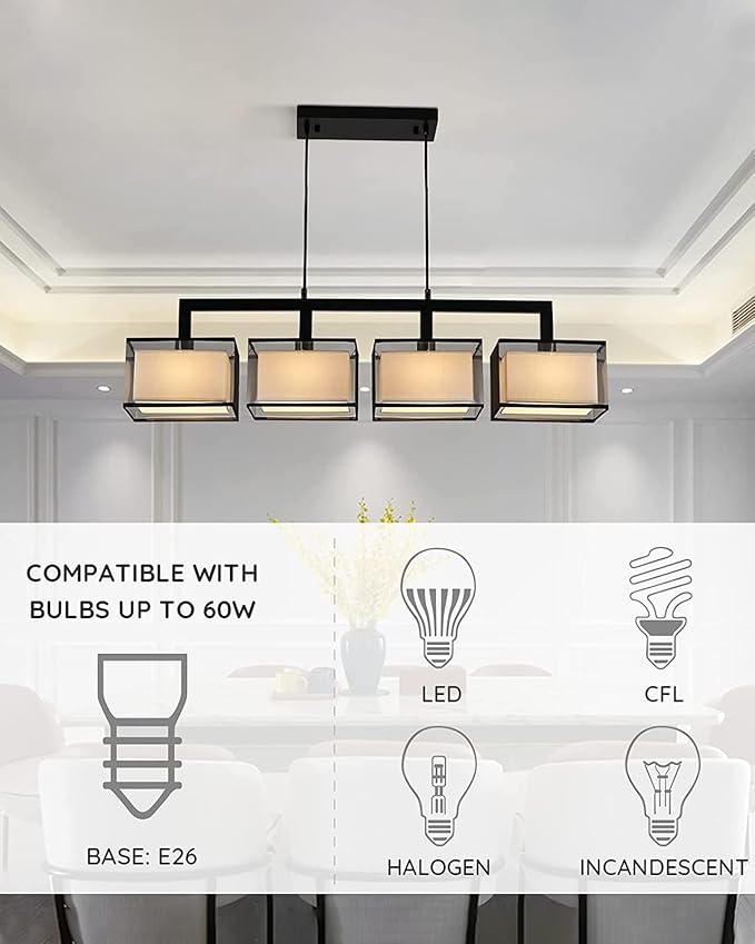 Linear Chandelier for Dining Room, Modern 4 Light Kitchen Island Lighting with Fabric Lampshade, Rectangular Chandeliers for Living Room Restaurant, Black, L44IN x W7IN x H12IN