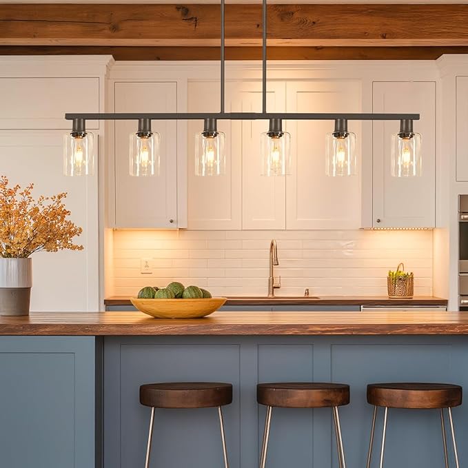 Dining Room Light Fixture Over Table, Black 6-Light Kitchen Island Lighting with Glass Shade & Adjustable Rods, Farmhouse Linear Chandelier Pendant Light for Kitchen Living Room Breakfast Corner