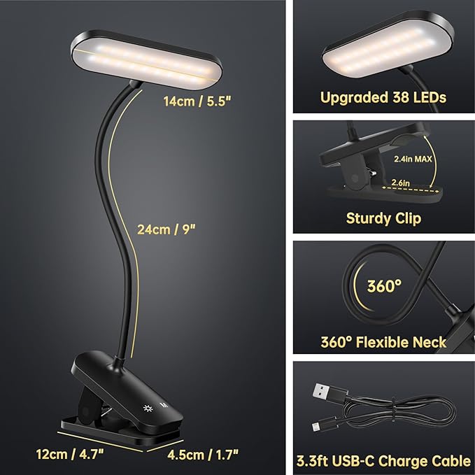 Clip on Desk Lamp, Battery Powered Reading Light with Strong Clamp - 5 Colors 5 Brightness, USB Rechargeable Portable Cordless Book Lamp for Bed Headboard Table Bedside Home Office