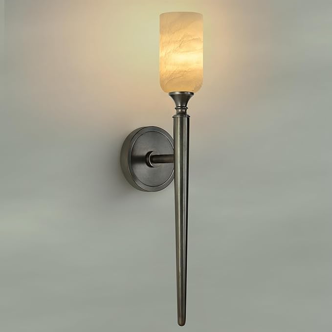 22in Alabaster Wall Sconce, Black Sconces with Spanish Marble, Modern Brass Wall Mounted Lamp, Hardwired LED Wall Lighting for Bathroom Bedroom Living Room Staircase Hallway Dining Room