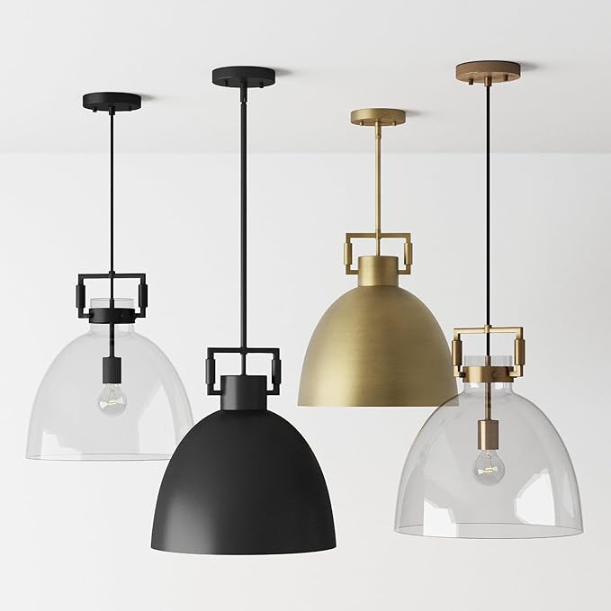 Nathan James Leigh Pendant Lighting, Hanging Ceiling Light with Oversized Metal Shade and Adjustable Cord, for Kitchen Island or Entryway, Matte Black, Set of 2