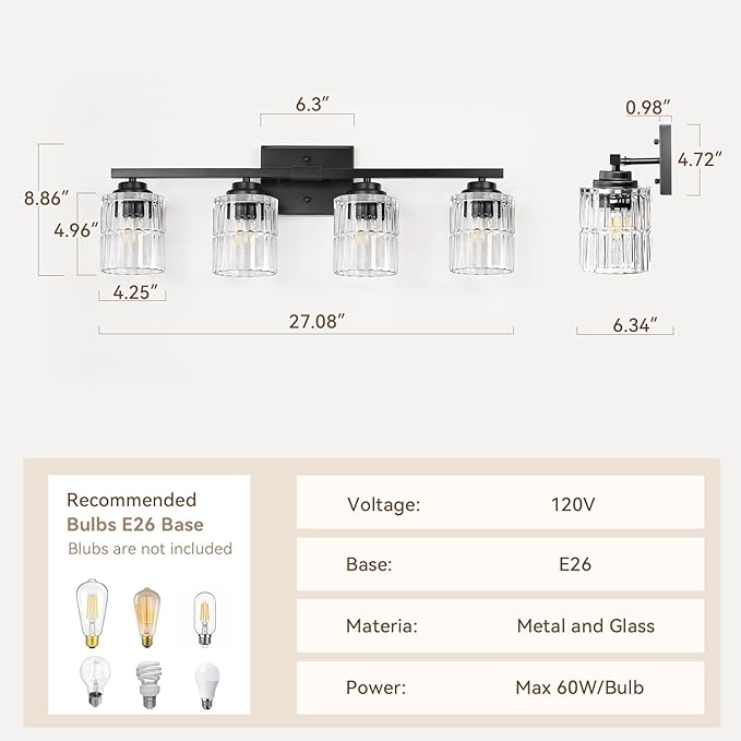 TALOYA 27 Inch Brushed Black Bathroom Light Fixtures with Thickend Clear Tapered Glass Shade, 4-Light Modern Vanity Light Over Mirror for Bathrooms, Bedrooms (Bulbs Not Included)