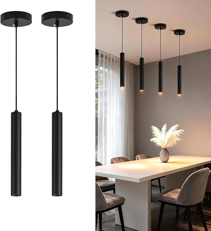 Modern Black Pendant Lights 2 Pack, LED Minimalist Pendant Lighting Fixture for Kitchen Island, Long Tube Hanging Light Cord Adjustable for Living Room Bedroom Dining Room Bar