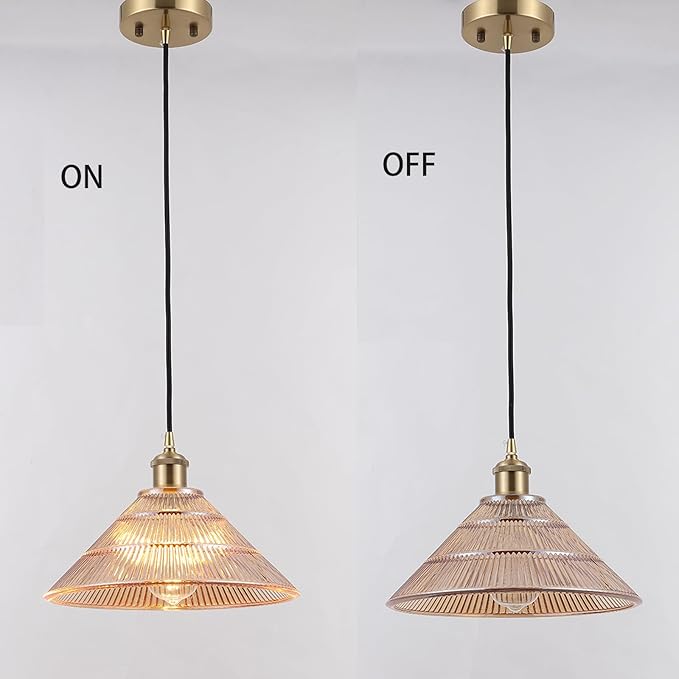 Modern Kitchen Island Pendant Light 11.81 Inches Amber Striped Glass Shades Brushed Brass Gold Large Hanging Lamp Dining Room Farmhouse Adjustable Ceiling Hanging Light Fixture Bedroom Hallway