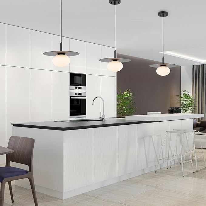 BYOLIIMA Modern Globe Pendant Lighting Milky White Glass Shade Matte Black Farmhouse Pendant Light 11.81" Dome Industrial Mid Century Hanging Ceiling Light Fixture Kitchen Island Dinning Room Bedroom