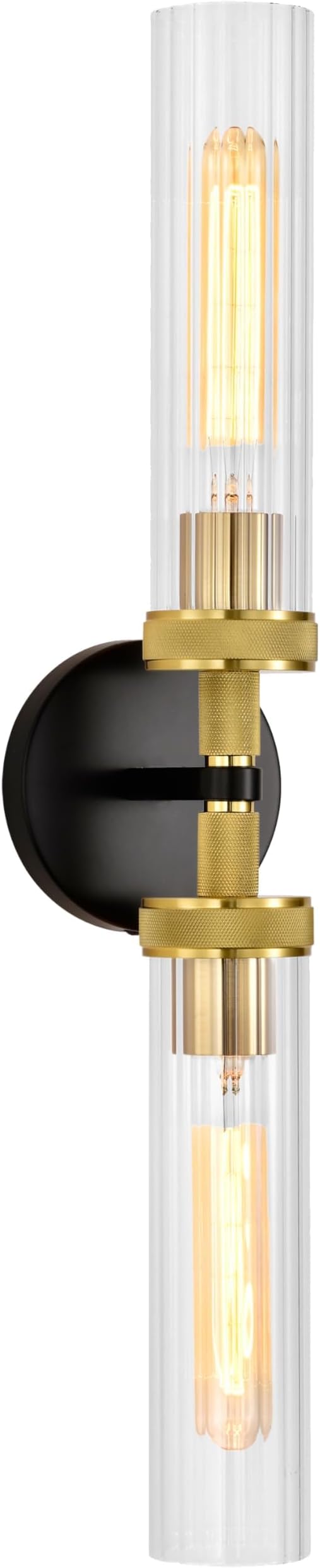 LaLuLa Black and Gold Vanity Light Fixtures – Modern Hardwired Dual-Light Wall Sconces with Rippled Glass Shades, Textured Metal Bathroom Lighting for Over Mirror or Hallway, 25" Height