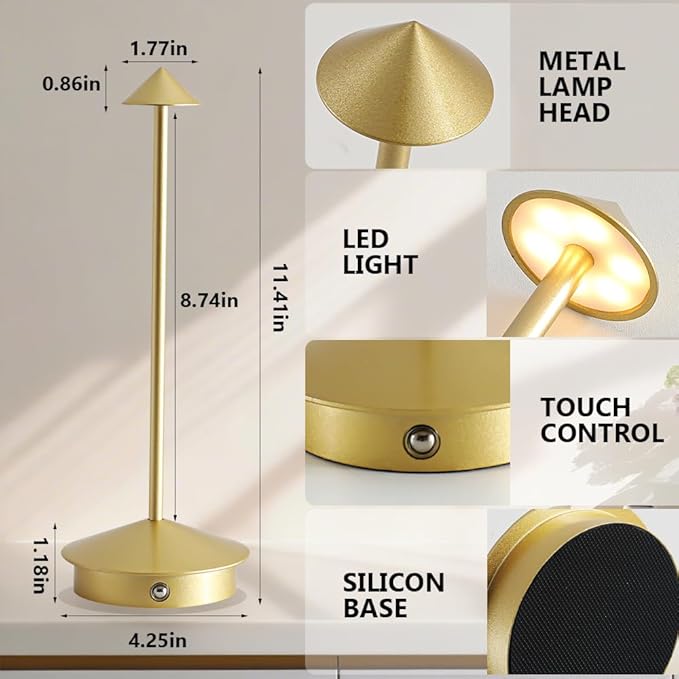 EJQ 2 Pack LED Rechargeable Cordless Table Lamps,Portable Outdoor 5000mAh Battery Operated Table Light Touch Control 3 Color Dimmable for Patio/Cofee/Restaurant/Camping/Dining/Bedroom-Gold