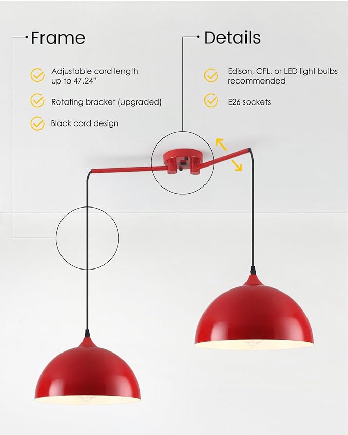 Pendant Lights Kitchen Island 2-Light, Red Dome Pendant Light, Modern Dining Room Light Fixture, Kitchen Island Lighting, Island Pendant Lights for Kitchen, Dining Room, Bar, Cafe