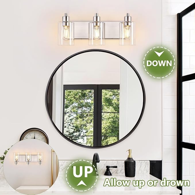 Dpyrrhic Brushed Nickel Bathroom Light Fixtures, Wall Mounted 3-Light Bathroom Lights Over Mirror with Clear Glass Shade,Wall Sconces for Kitchen Living Room Bedroom