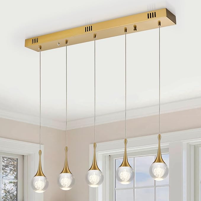 5 Lights Rectangular Gold Crystal Pendant Lights for Kitchen Island Remote Control Dimmable Light Modern Teardrop Chandeliers Lighting Fixtures for Dining Room Living Room