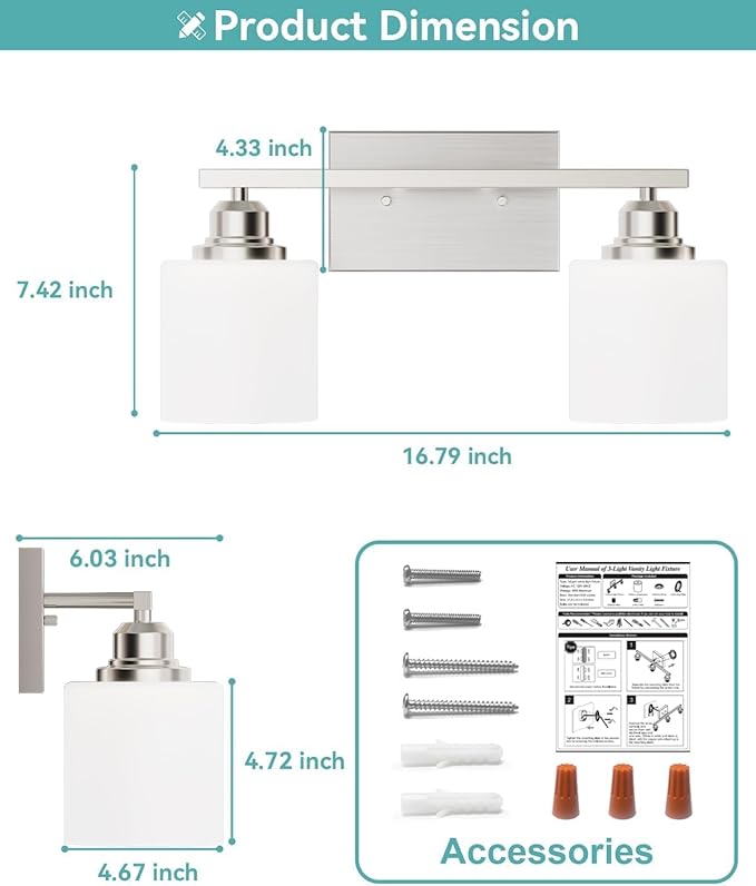 Sailstar Bathroom Light Fixtures 2-Light, Brushed Nickel Vanity Lights Fixtures, Modern Bathroom Vanity Light Over Mirror, Milky White Glass Shade & Anti-Rust Nickel Finished, Small Bathroom Light
