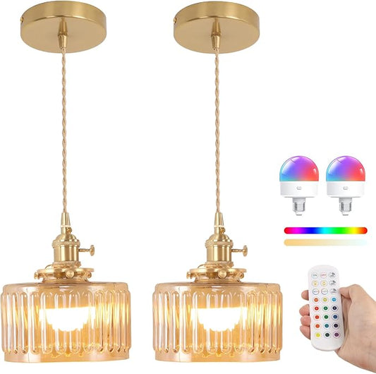 Shenmoyl Battery Operated Pendant Light 5000mAh Rechargeable Chandelier with Remote Control Wireless Adjustable Hanging Amber Striped Light for Kitchen Island Dining Room Hallway, 2 Pack