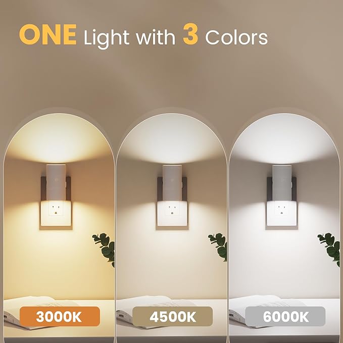VOLISUN Night Lights Plug into Wall, Dimmable LED Nightlight with Dusk to Dawn Light Sensor, 0-100LM Adjustable Brightness, 3 Color Temperatures, Smaller Plug White 4 Pack for Hallway,Bedroom,Bathroom