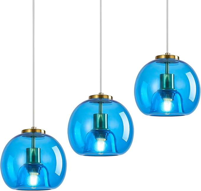 Blue Glass Pendant Lights Kitchen Island Gold Hanging Light Fixture Glass Globe Pendant Light Modern Pendant Lighting for Kitchen Island Bedroom Dining Room (7.87", 3 Pack)