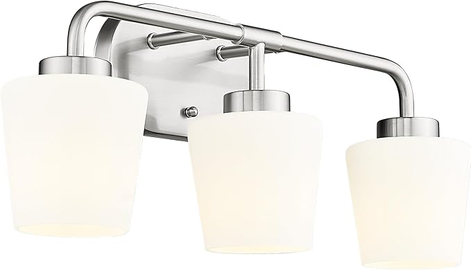 Bathroom Light Fixtures Over Mirror, 3-Light Brushed Nickel Vanity Lighting Fixtures with Milk White Glass, Vintage Farmhouse Wall Sconces Lighting, AD-22004-3W-SN