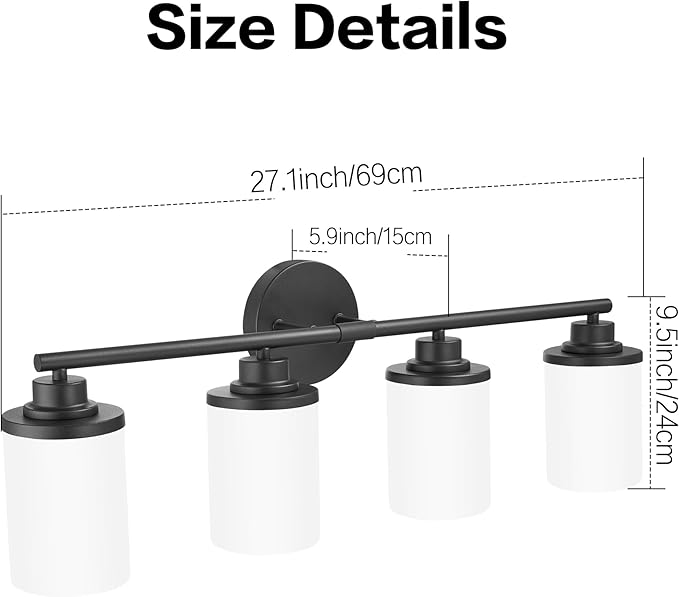 Bathroom Light Fixtures,Matte Black Bathroom Lights,4-Light Vanity Light Over Mirror,Modern Vanity Light Fixture with Frosted Glass