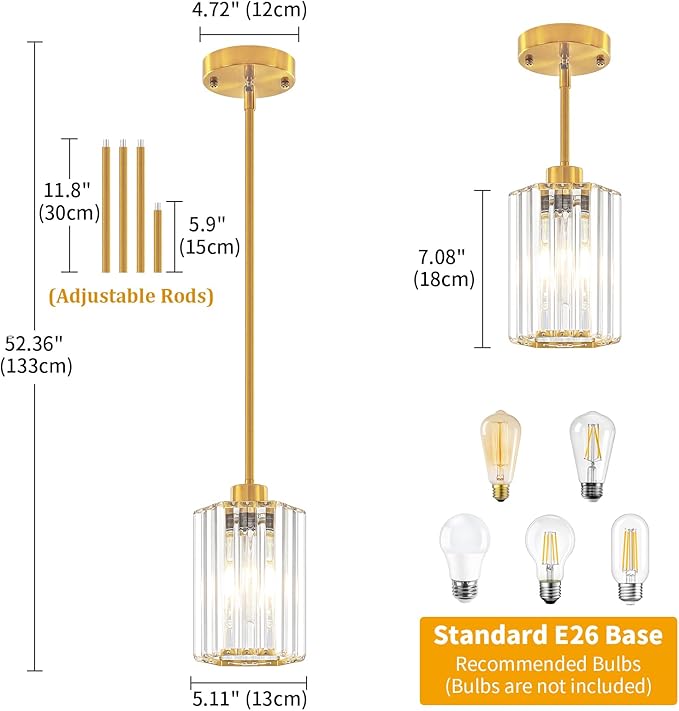 2-Pack Brushed Gold Pendant Lights Kitchen Island Modern Crystal Hanging Pendant Light Hexagonal Mini Chandelier Adjustable Hanging Kitchen Lights for Dining Room Hallway Bedroom Entryway Pendant Lamp