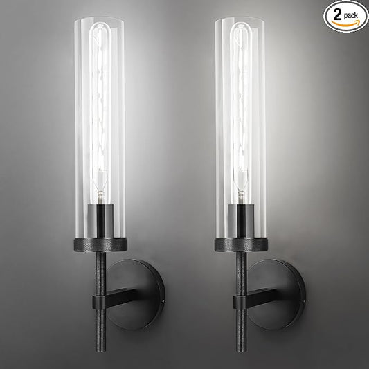 Brass Wall Sconces Set of Two with White Lights, 19.5'' Brushed Brass Knurled Bathroom Vanity Light Fixture with Clear Glass for Living Room Mirror Bedroom Stairs