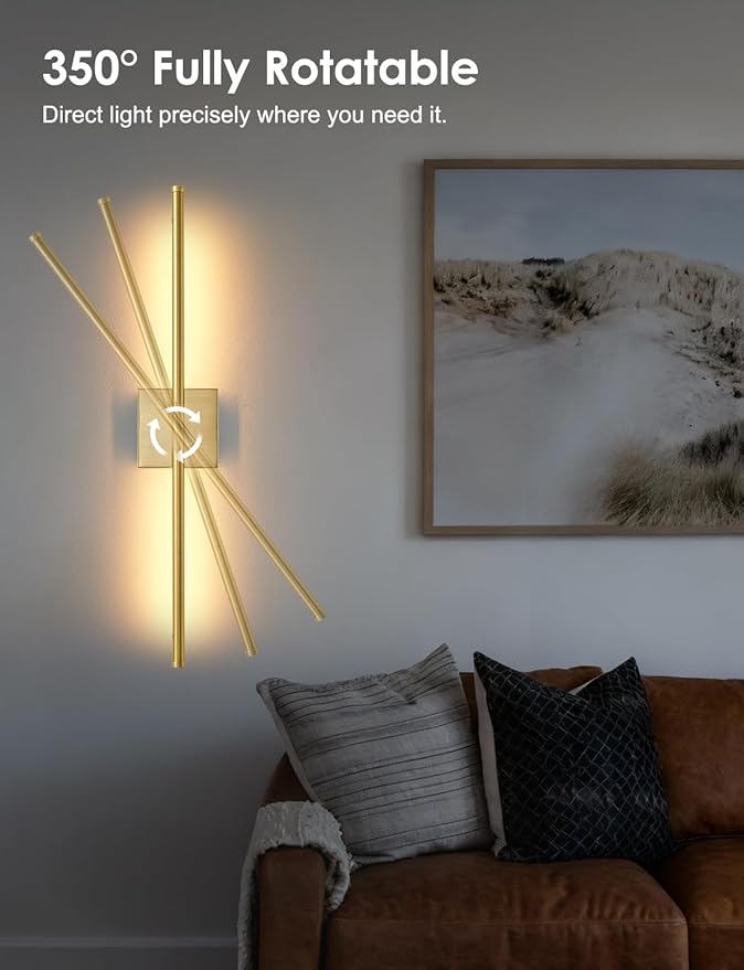 KARTOOSH 27.8 Inch Hardwired Wall Sconces Set of Two, 3000K Warm White Dimmable Modern Wall Sconces, 350° Rotate LED Light Fixtures Wall Lamp for Bathroom Living Room Bedroom Bedside, Brushed Brass