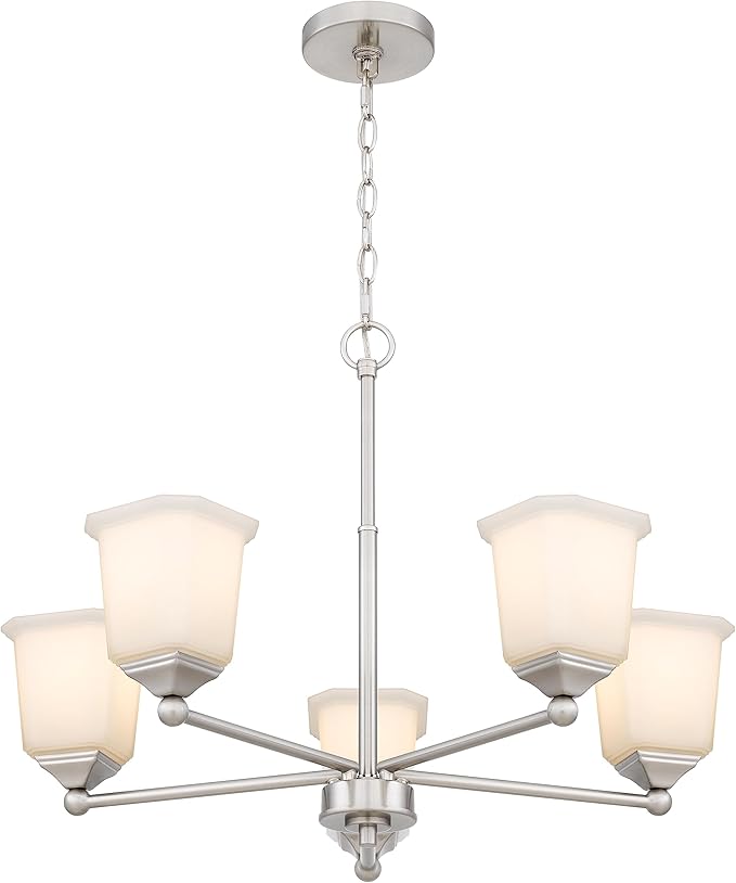Tawson Nox 5-Light Chandelier Pendant Ceiling Light Brushed Nickle White Glass Shade Adjustable Height for Hallway, Entryway, Passway, Dining, Bedroom, Kitchen, Balcony Living Room