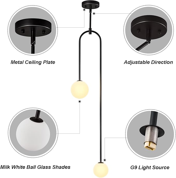 Modern Milk Glass Pendant Light 2 Light Mid Century Chandelier Small Glass Globe Black Pendant Lights for Kitchen Island Bedroom Dining (2 Pack)