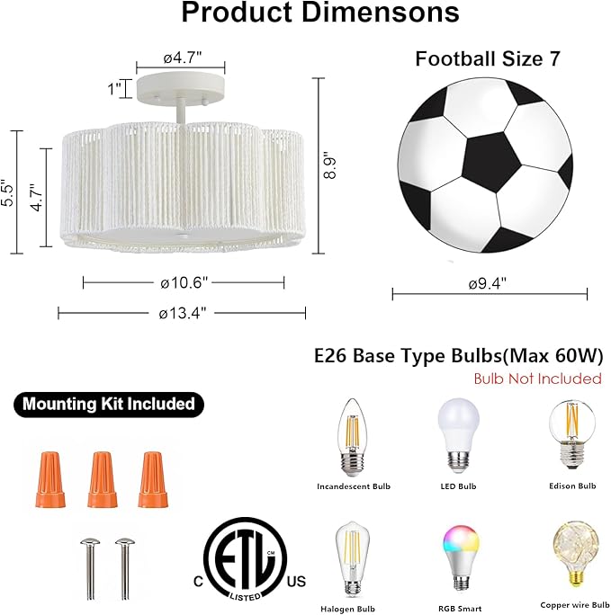 13 Inch Rattan Flush Mount Ceiling Lights 3 Lights Boho Farmhouse Ceiling Light Fixtures Wicker Hand Woven Light Fixtures for Dining Room Kitchen Bedroom Foyer Hallway Entryway