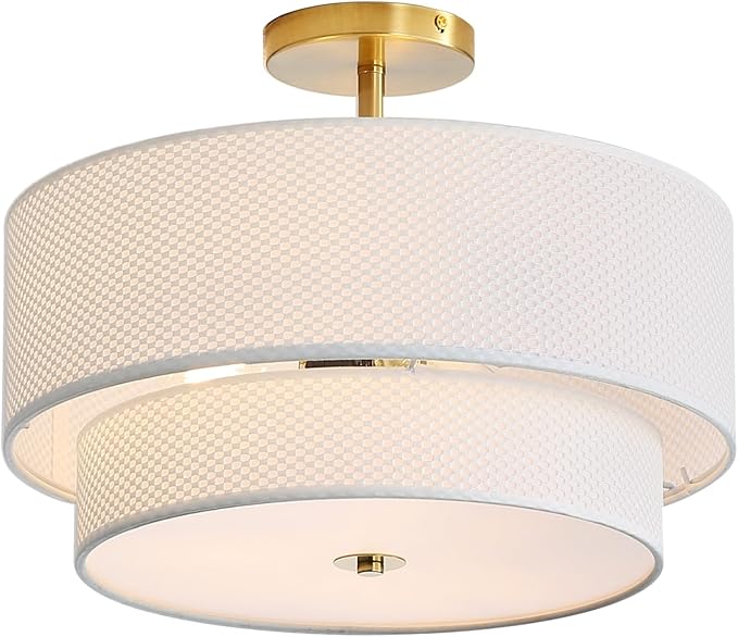 Fabric Semi Flush Mount Lighting Fixture, Modern Semi Chandeliers, 2 Tier Drum Ceiling Light, White Fabric Shade 3-Light for Kitchen Island Bedroom Hallway Foyer, E26, W16xH14