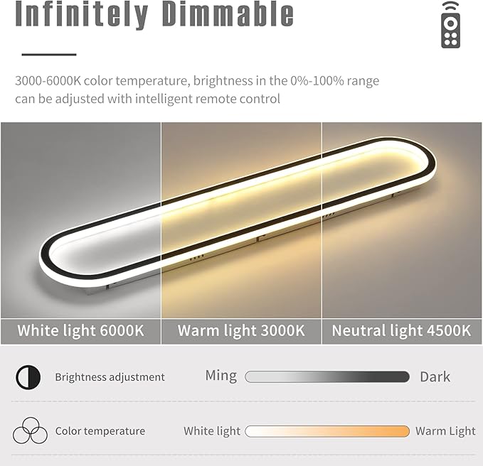 47”Flush Mount CeilingLight, Modern LED Hallway Light Fixture Dimmable CeilingLamp with Remote Control, Black Ceiling Lights for Bedroom/Balcony/Dressing Room, 3000k-6000k, 40-60W