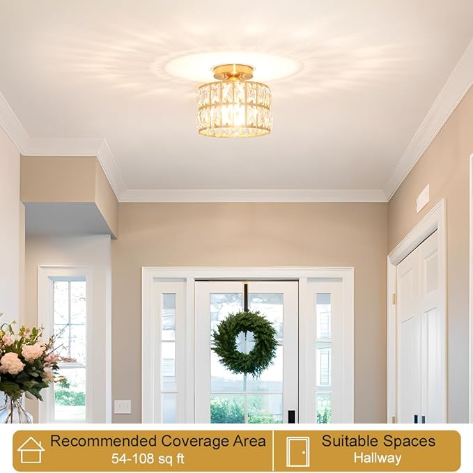 Crystal Ceiling Light Fixture, Modern Brushed Gold Semi Flush Mount Ceiling Chandelier Light for Hallway Entryway Kitchen Bathroom, Small Chandelier Light for Bedroom Closet, 1-Light, 9 Inch