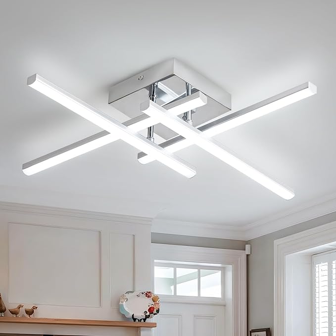 ElDISUNY Modem LED Ceiling Light, 24w Sputnik Ceiling Light Fixture, 6500K Cool White Flush Mount Ceiling Light Fixture for Bedroom Hallway Living Room Dining Room Coridor Kitchen(Sllver)