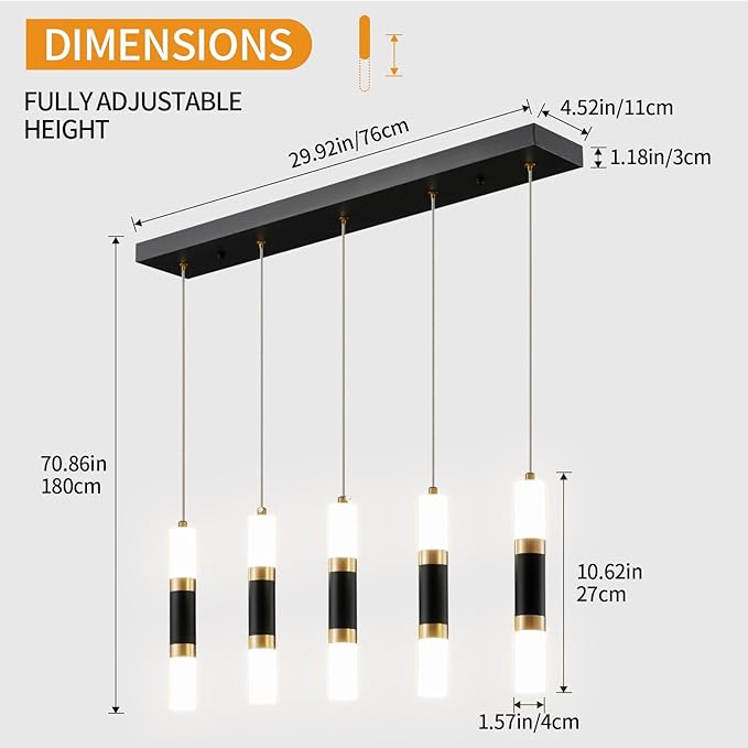 Modern Kitchen Island Dimmable LED Modern 5-Light Black Gold Pendant Light, Kitchen Island Dinning Room Black Pendant Light