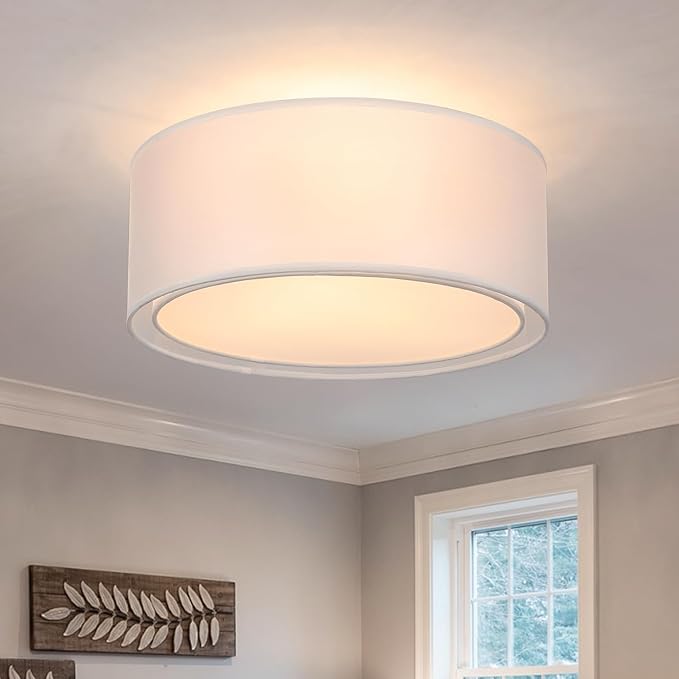 Luupyia 3-Light Double Fabric Drum Ceiling Light Fixture, 12.59 Inches Simple Semi Flush Mount Ceiling Lights with Double Fabric Shade, Modern Drum Chandelier for Bedroom, Hallway E26, 60W