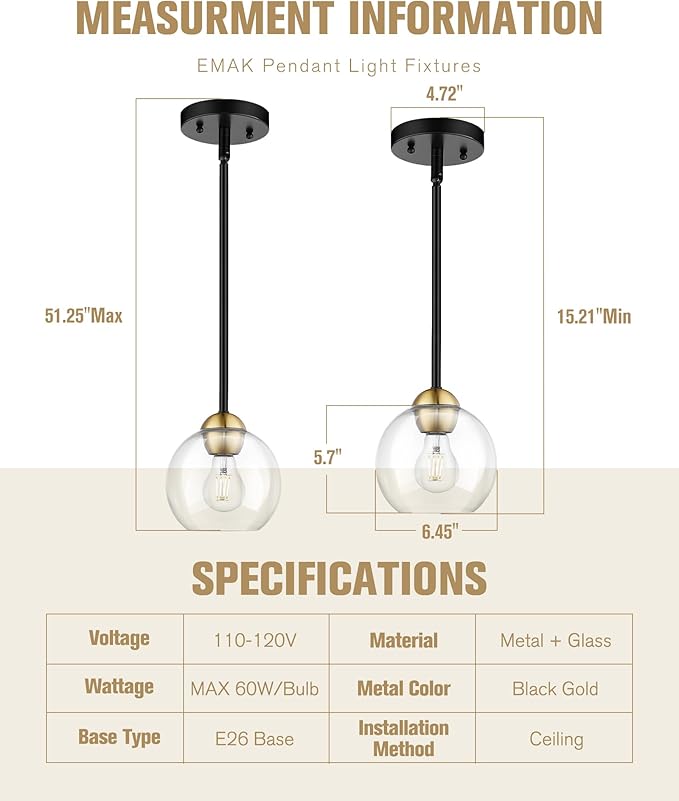 Emak Black and Gold Pendant Light, 7 Inch Globe Glass Pendant Lights Kitchen Island, Modern Hanging Lights for Kitchen, Bathroom, Dining Room, Bar, PL119-BKBGD